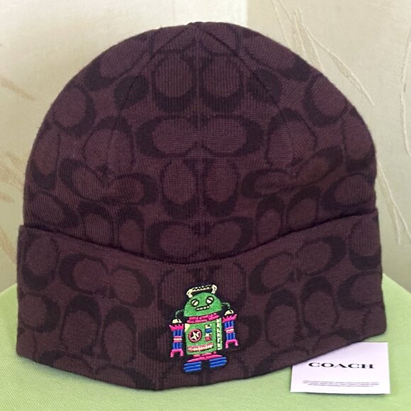COACH SIGNATURE ROBOT PRINT KNIT BEANIE:NWT WALNUT/MULTI CX132 - Picture 2 of 9